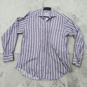 Thomas Dean 100% Pima Cotton Mens Long Sleeve Purple White Striped Shirt XL